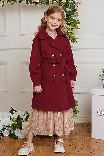 Image of GRACE KARIN Girls Dress Coat Lapel Wool Blend Long Winter Jackets with Pockets Belt 6-16Y