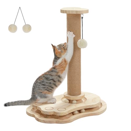 PETEPELA interaktives Katzenspielzeug mit Kratzstamm in Raketenform, Sisal Kratzsäule & Kugelbahn, Federball, aus Massivholz, multifunktional PETEPELA interaktives Katzenspielzeug mit Kratzstamm in Raketenform, Sisal Kratzsäule & Kugelbahn, Federball, aus Massivholz, multifunktional