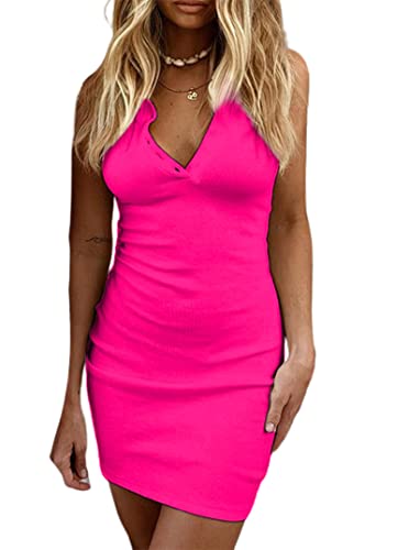 Remidoo Women's Casual Sleeveless Collared Tank Dress Button Up Backless Bodycon Mini Dress Hot Pink Large #TOP4
