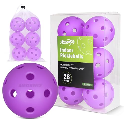 Amoswiz Pelotas de pickleball para interiores, paquete de 6 bolas de pickleball de 26 agujeros, juego de pickleballs de interior moradas, bolas de pepinillo duraderas de alta visibilidad para