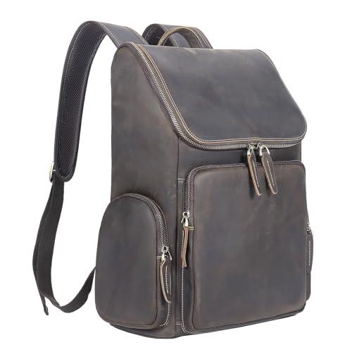 Image of boshiho Genuine Leather Backpack for Men & Women, 13 Inch Laptop Backpack, Water-Resistant Business Travel Backpack, Premium Crazy Horse Leather Work Bag (Dark Brown)