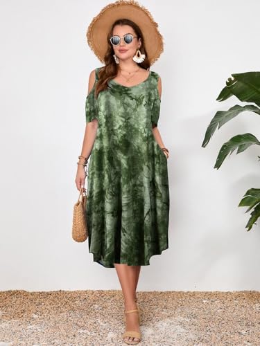 Image of LARACE Plus Size Women Dress for Summer, Midi Women's Sundress, Casual V-Neck Short Sleeve Flowy T-Shirt Dresses with Pockets