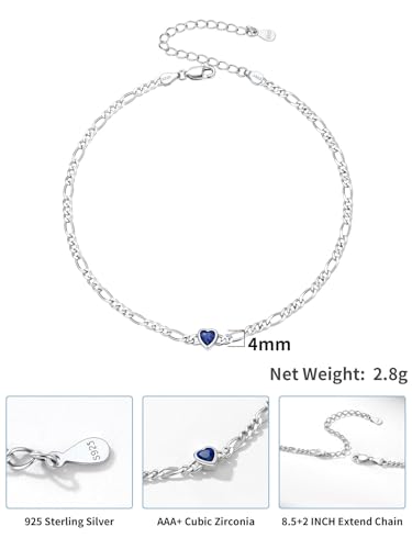 U7 SILVERCUTE Sterling Silver Anklets for Women, Large Heart/Round Birthstone Ankle Bracelet with Figaro Chain, Waterproof Summer Beach Foot Jewelry Length 8.5"-10.5"4