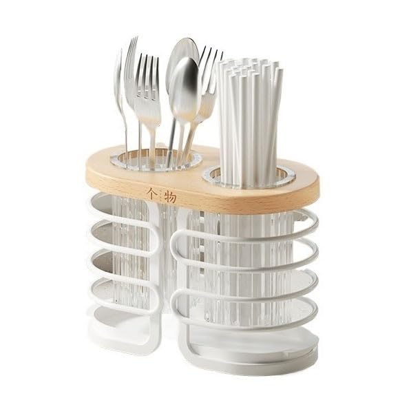 Escurridor Cubiertos Organizador de cubiertos de cocina con marco de haya de alambres de metal blanco, soporte for utensilios de 2 compartimentos, estante de drenaje for cubiertos for encimera Organiz