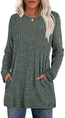 XIEERDUO Pullover Damen Strickpullover Longpullover mit Taschen Sweatshirt Langarmshirt Herbst Winter 2025 Oberteile Grün XL