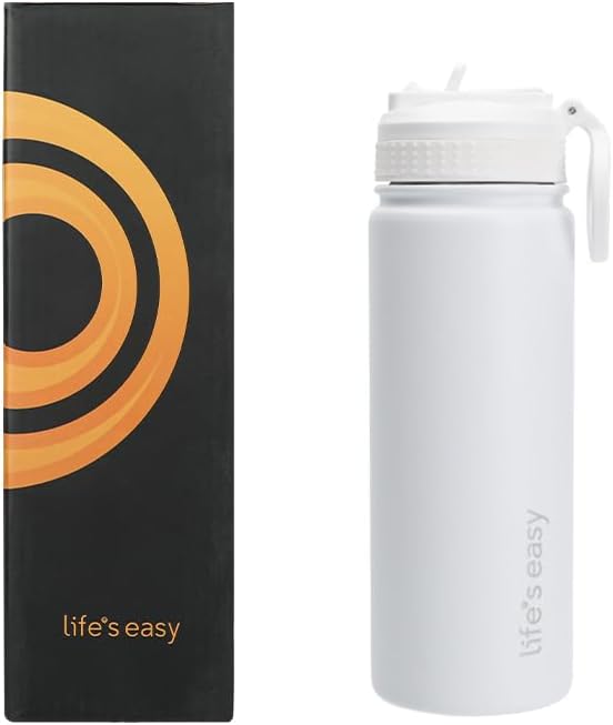 Life's Easy Stainless Steel Insulated Water Bottle - Sports Water Bottle w/Loop Handle Bionic Silicone Straw Lid - Vacuum Flask for Hot & Cold Drinks - Great for School, Travel & More (White, 18 oz)