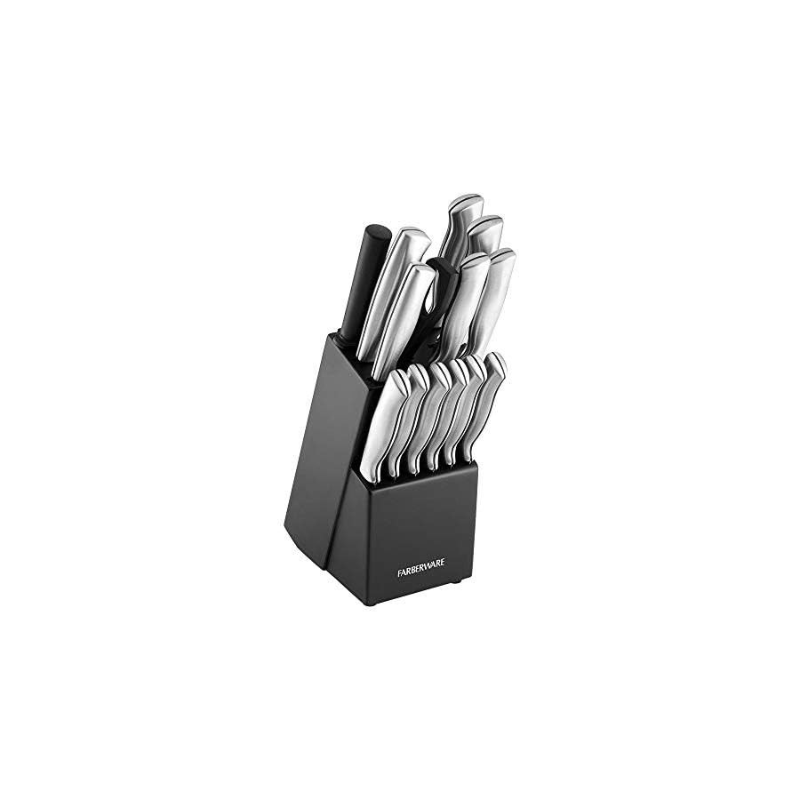 Farberware-Stamped-15-Piece-High-Carbon-Stainless-Steel-Knife-Block-Set-Steak-Knives-Black Farberware Stamped 15-Piece High-Carbon Stainless Steel Knife Block Set