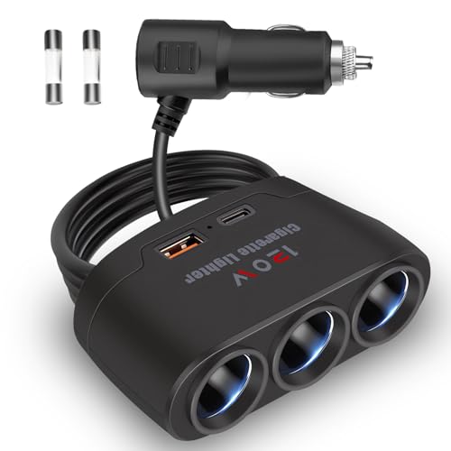 5 en 1 prise allume-cigare USB voiture 120 W, chargeur de voiture, chargeur de voiture USB répartiteur adaptateur avec 3 prises 12 V USB C PD et USB A QC3.0...