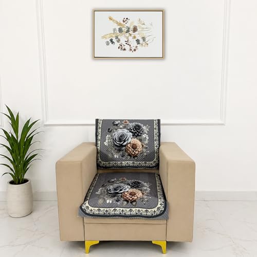 Image of Homerz 'Brooklyn Series' Premium Sofa Cover | Quilted Floral Design | Non-Slip Washable Sofa Protector | Soft Anti Slip Fabric (Grey, 1 Seater, Seat Cover with Backrest)