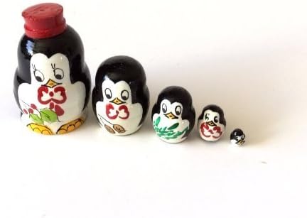 1.25" Tall Penguin Mini Nesting Dolls Russian Hand Carved Hand Painted 5 Piece Matryoshka Set