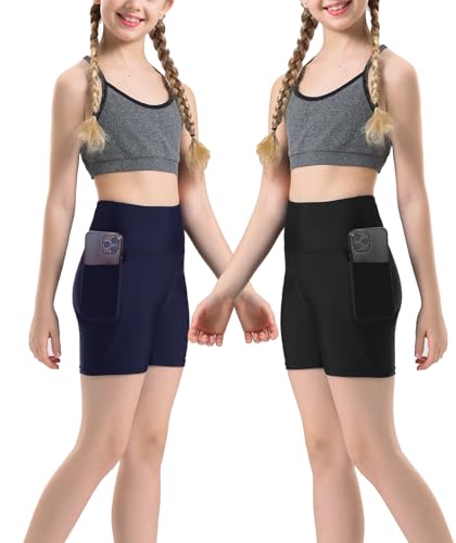 Yilisha 2 Packs Girl's Sport Spandex Compression Shorts Volleyball Athletics Swim Shorts Yoga 2 Side Pockets Bike Shorts