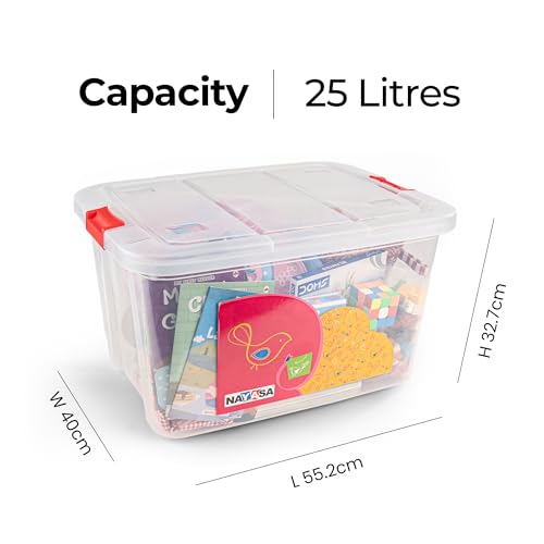 Image of Nayasa Plastic 25 L Multipurpose Rectangular Toy and Storage Box (Transparent) with Lid and Rolling Wheels | Durable, Spacious & Ideal for Home Organization