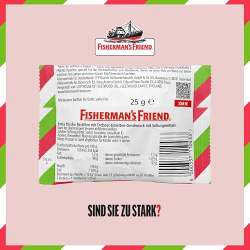 Fisherman's Friend Strawberry und Lime, 24er Vorratsbox, Exklusive Sorte mit Erdbeer, Limette und Menthol Geschmack, zuckerfrei und vegan, Bonbons für frischen Atem, 24 x 25g