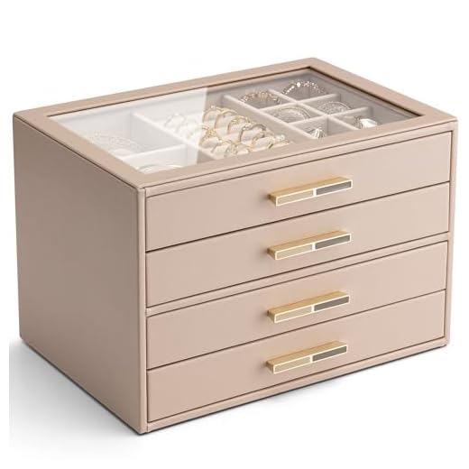 Vlando Schmuckkästchen Groß, Schmuckkasten mit 4 Ebenen, Schmuck Organizer mit Glasdeckel, 4 Schubladen,für Halsketten, Ohrringe, Uhren, Armbänder, Schmuckaufbewahrung, Modern, Milchkaffee