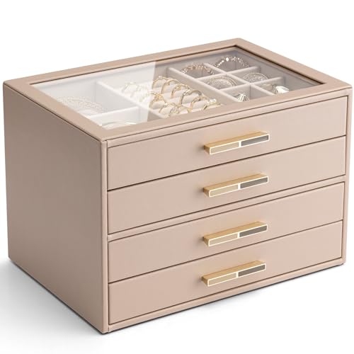 Vlando Schmuckkästchen Groß, Schmuckkasten mit 4 Ebenen, Schmuck Organizer mit Glasdeckel, 4 Schubladen,für Halsketten, Ohrringe, Uhren,...