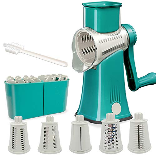 Aurrako Rotary Cheese Grater Shredder with HandleKitchen Vegetable slicer with 5 Stainless Steel Drum BladesEasy Clean 18X Faster Food Grater Shredder Non slip Best Mandoline SlicerGreen