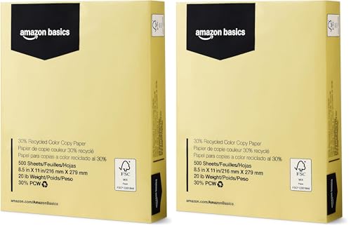 Image of Amazon Basics 30% Recycled Color Copy Paper, 8.5 inch x 11 inch, 20lb, Pastel Canary, 500 Sheets (Pack of 2)