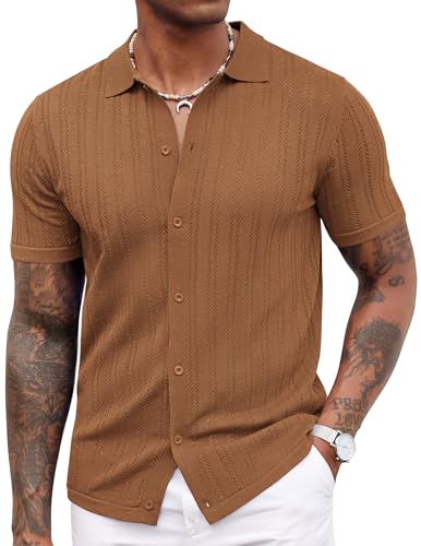 COOFANDY Men's Short Sleeve Knitted Shirts Slim Fit Polo Shirt Vintage Resort Summer Beach Ribbed Tops Caramel