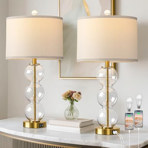 ROTTOGOON Set of 2 Table Lamps for Living Room Glass Triple-Sphere 27" Tall Table Lamp Contemporary Bedside Desk Nightstand Lamp for Bedroom Living Room Office, Clear Glass/Gold
