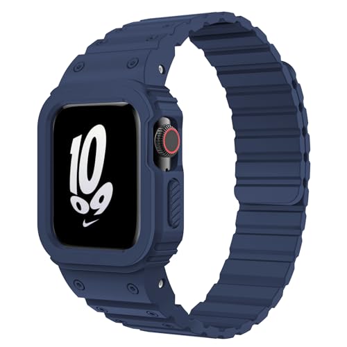 Magnetic Rugged Bands Compatible with Apple Watch Band 45mm 44mm Silicone Replacement Wristband Strong Magnet for tactical military style iWatch SE SE2& Series 8/7/6/5/4 Ultra,Blue，44mm/45mm