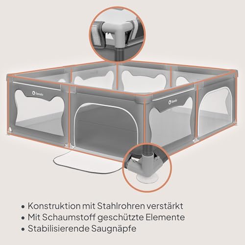 LIONELO WILLOW XL Laufgitter Baby, ab 0-48 Monaten große Fläche 187 cm x 207 cm x 68 cm, Laufgitter Baby mit Seitenwände aus atmungsaktiven Netzstoff, 2 Seitliche Eingänge mit einem Reißverschluss
