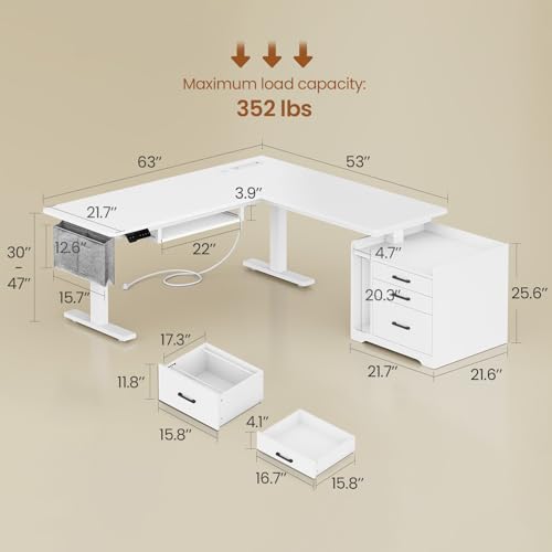 Image of SEDETA L Shaped Electric Standing Desk with File Cabinet, 63 x 53'' Height Adjustable Home Office Computer Desk with Drawers, Power Outlet, Stand up Gaming Table with Led Lights, Keyboard Tray, White