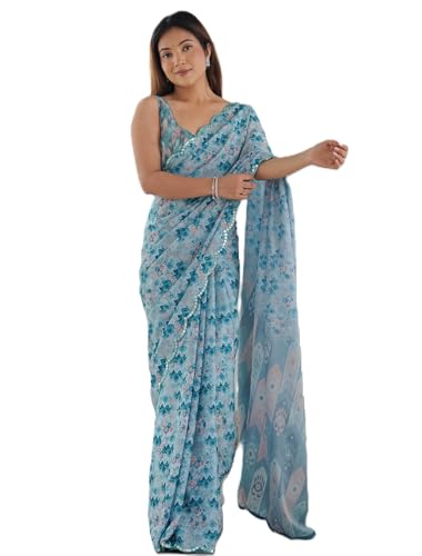 Image of Panzora Women's Chinon Printed Saree With Unstitched Blouse Piece