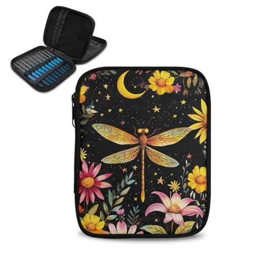 Image of Dragonfly Crochet Hook Case Lightweight Floral Crochet Organizers and Storage Soft for Travel Outdoors Home Easy to Wash