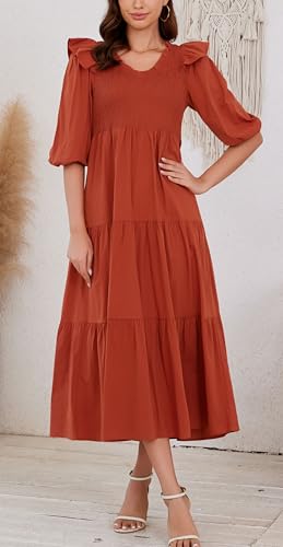 Image of Women Casual Lantern Sleeve Ruffle V Neck Fall Dress Boho Flowy Maxi Dresses Tiered Cocktail Long Dress