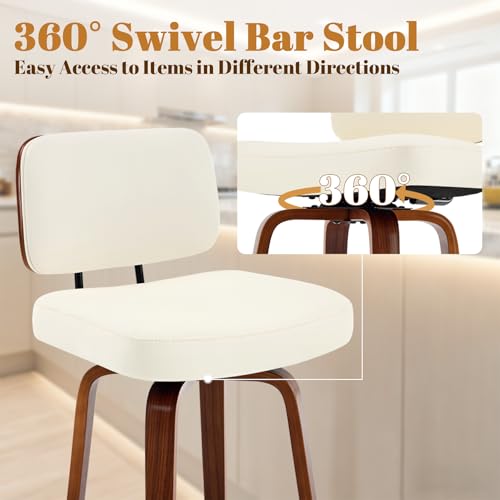Image of Counter Height Bar Stools Set of 2, 26+inch Swivel Faux Leather Barstool with Back, Upholstered Mid-Century Modern Bar Chairs with Bent Wood Legs for Kitchen Counter, Dining Room, Cream White