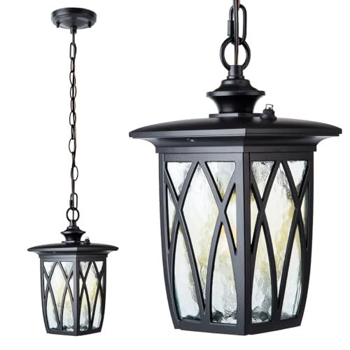 Image of JYZ Dusk to Dawn Outdoor Pendant Lantern, 12 Inch Craftsman Style Exterior Hanging Light with Water Ripple Glass, Traditional Outdoor Chandelier for Front Porch Patio Garden Gazebo Pergola