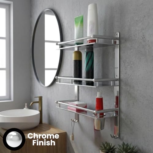 Image of GLOXY Premium Stainless Steel 3 Tier Bathroom Organizer Shelf Combo Pack of 2 - Wall Mount 3 Layer Shelf with Toothbrush & Soap Holder - Chrome Finish Bathroom Shelf with Multipurpose Hooks