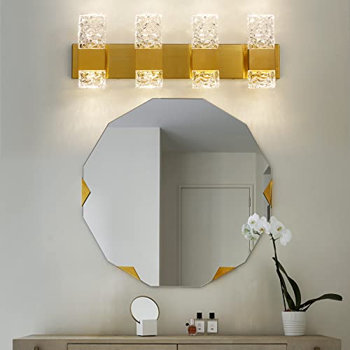 Image of Epinl Gold Bathroom Vanity Light Fixtures - Brushed Gold Vanity Light Bathroom Lighting Fixtures Over Mirror 40W Dimmable Crystal Wall Sconces 4 Light LED Modern Bathrooms Lights 4000K