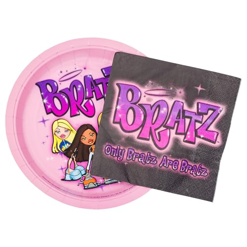 Silver Buffalo Bratz Dolls Featuring Yasmin Sasha Jade and Cloe 32 Pack Partyware Disposable Paper Plates and Napkins