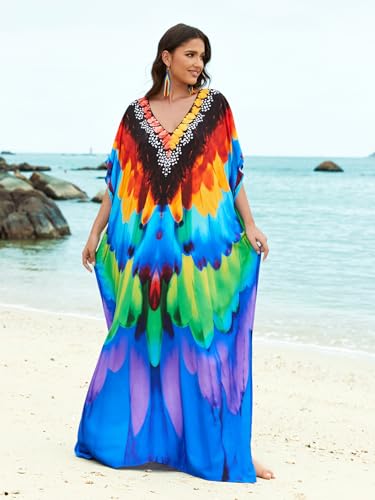 Image of IMAGEKOPE Women's Plus Size Loose Fit Moroccan Print V-Neck Batwing Kaftan Beach Dress Bathing Suit Cover Up