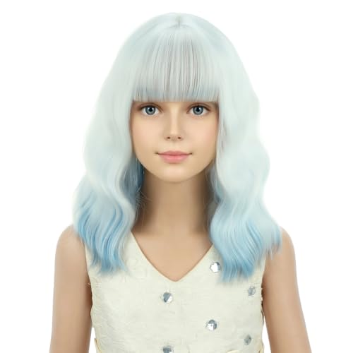 Image of PATTNIUM Girls White Ombre Blue Short Wavy Curly Wig with Bangs Kids Ombre Blue Bob Wigs Synthetic Halloween Costume Cosplay Party Wigs