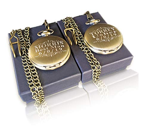 2 Pocket Watches Custom Engraved - Groom Best Man and Usher Customized Watch with The Chain and Gift Box Included Set of 2 - Engraving is Free with Purchase Comes in 4 Colors (Gold Vintage)