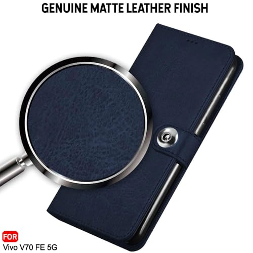 Image of TheGiftKart Genuine Leather Finish Flip Back Cover Case for Vivo V70 FE 5G | Inbuilt Pockets & Stand | Wallet Style | Designer Button Magnet Flip Back Cover Case (Faux Leather, Blue)