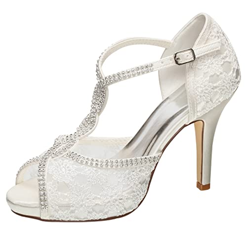 Emily Bridal Wedding Shoes Lace peep Toe Rhinestone Ankle Strap high Heel Bridal Shoes