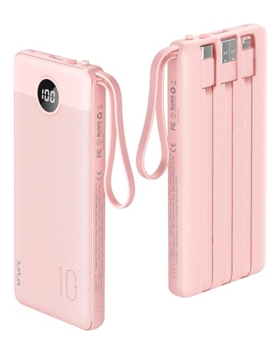 VRURC Portable Phone Charger, 20W PD Fast Charging Portable Charger for iPhone, 10000mAh Battery Bank with Cables, 4 Output 3 Input USB C Battery Pack for iPhone 17 16 15 14 13,Samsung Galaxy-Pink