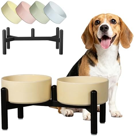 Comedero Perro Elevado Ceramica Doble - Soporte Acero Inoxidable con Cuencos de Cerámica Colorido - Comedero y Bebedero para Perros - Ideal para Raza Pequeña y Mediana - 350g / 660ml - 15cm - Marrón