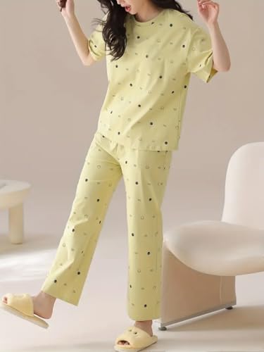 Image of Celary Women's Korean Night Suit Set | Round Neck Full Sleeve Top & Printed Ankle Length Pyjama | Skin-Friendly Fabric Soft Breathable Stretchable Loungewear | M to 2XL