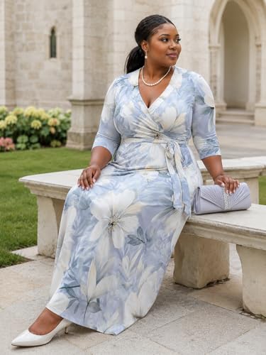 Image of PinkPatty Plus Size Maxi Dresses for Women Casual Flowy Long Dress 3 /4 Sleeve V Neck Wrap Dress with Belt