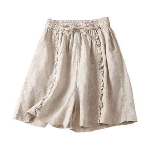 Short d'été décontracté en coton et lin pour femme couleur unie beige taille S