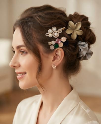 Image of Styling Fashion Accessories Gift Hamper Trendy flower Clutcher, flower Nacklace Chain with earring, Srunchies, 4 Tops earrings set and 3 Pins Clip with Box (Pack of 11)