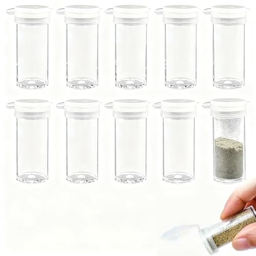 Iwinna Paquete de 20 mini tarros de especias de plástico con tapas blancas, botellas vacías transparentes para especias con tamizadores, recipientes pequeños para condimentos para viajes