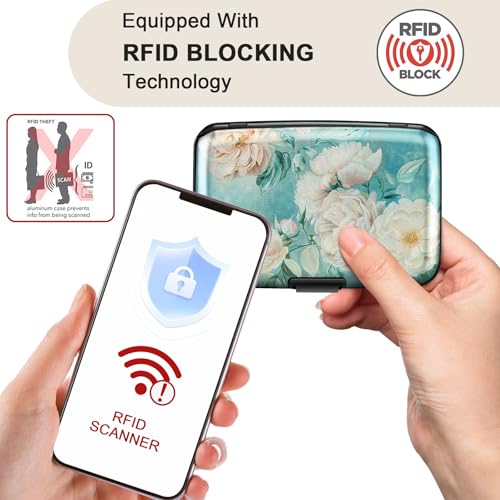 Image of ELFISH Mini RFID Aluminum Wallet Credit Cards Holder Business Card Case Metal ID Case for Men Women, White peony