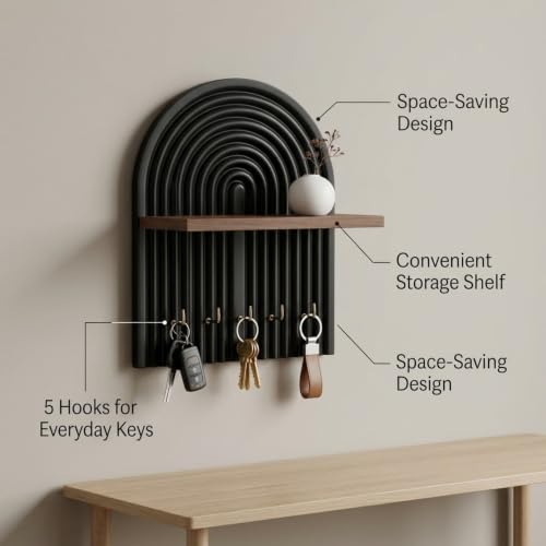 Image of Home Sparkle Wall Mounted Key Holder for Home Entrance with Shelf | Premium MDF Wood Organizer with Paint Finish | Modern Key Hanger Rack with 5 Hooks for Keys & Daily Essentials | Black & Walnut