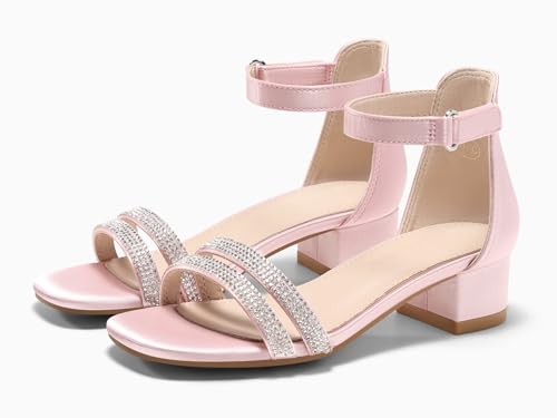 Image of Coutgo Girls Dress Shoes Sandals Chunky Low Heels Rhinestone Strap Flower Girl Wedding Party Shoes