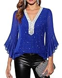 Timeson Blue Sequin Top: New Years Eve Clothes - Christmas Party Outfits for Women 3/4 Sleeve Sparkly Shirts Shimmery Holiday Blouses Dressy Night Out Festive Attire Classy V Neck Tunic Wedding Guest